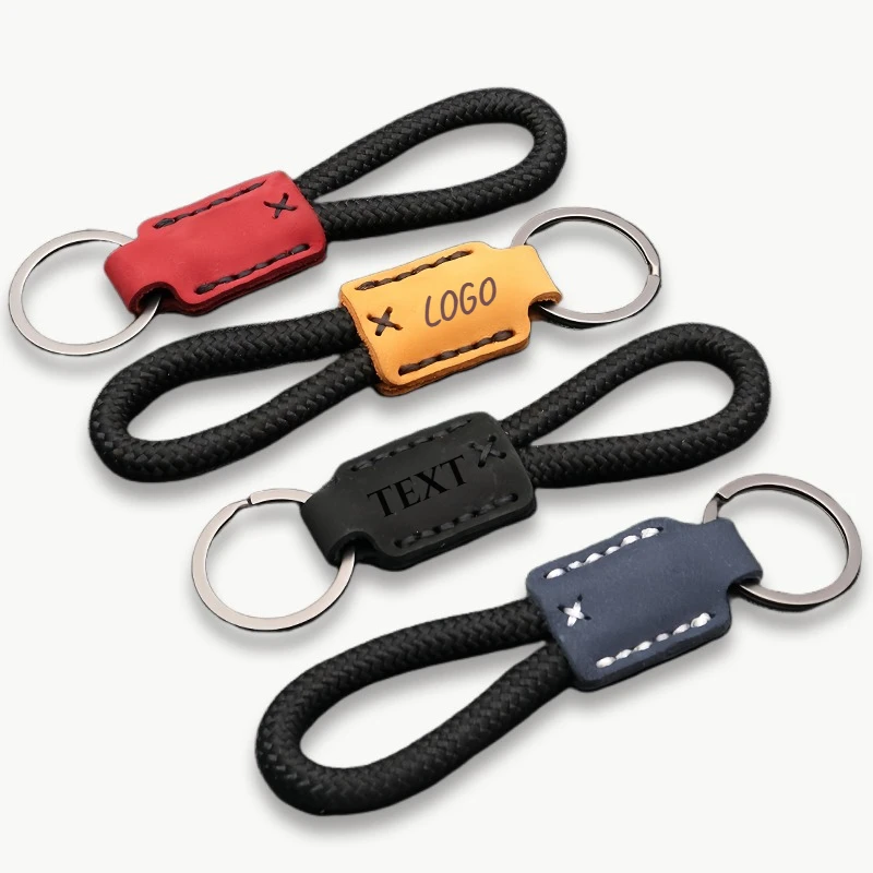 

Genuine Cowhide Leather Keychain Custom LOGO Text Laser Engrave Lanyard Key Chain Personalized Woven Braid Rope Keyring