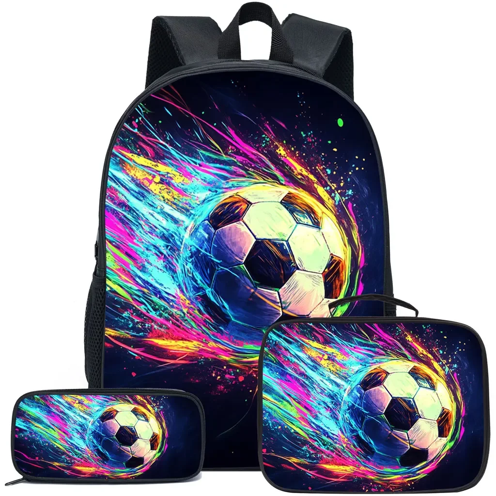 Football printed pattern backpack cool and personalized three piece set for boys large capacity backpack, meal bag pencil case