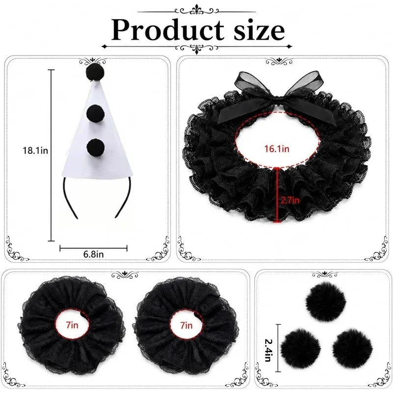 4PCS Lace Neck Ruffle Collar Wrist Cuff Set, Clown Costume Accessories Collar Cloak Role Play Costume Set Adjustable Headpiece ﻿