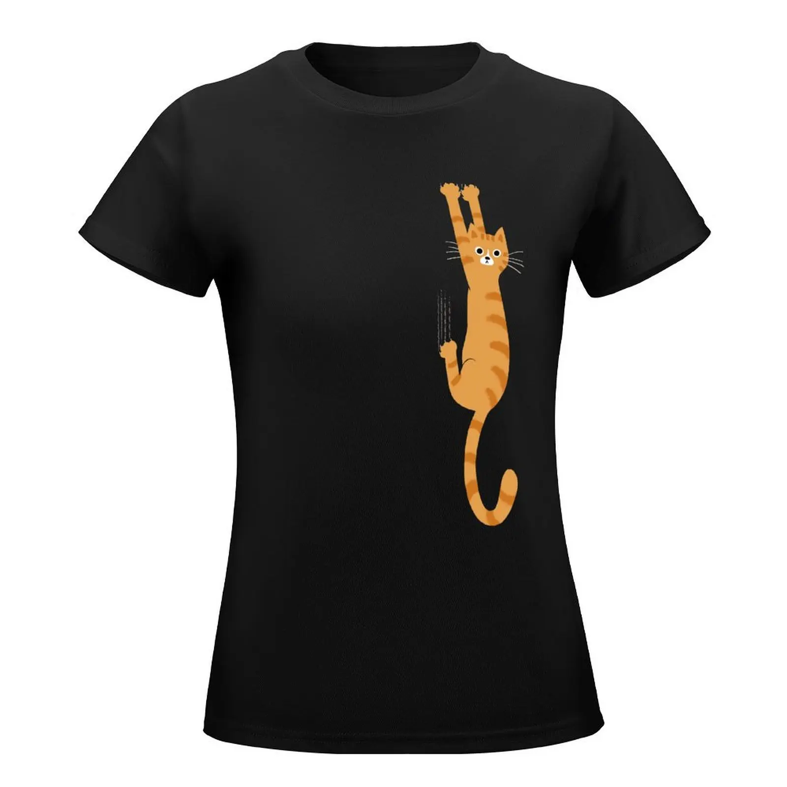 Orange Tabby Cat Hanging On | Funny Striped Cat T-Shirt korean fashion funny plain t shirts for Women