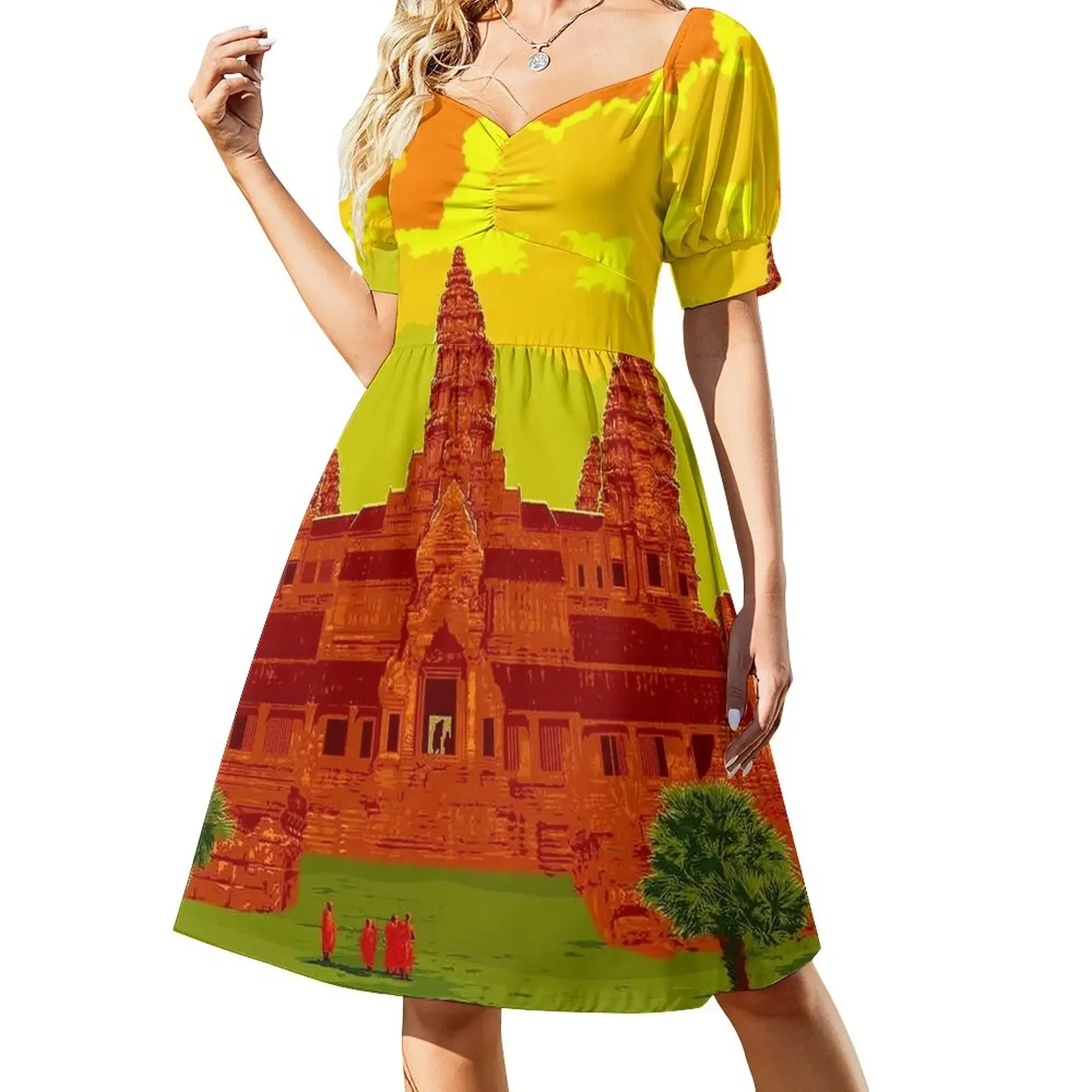 

ANGKOR WAT : Vintage Cambodia Temple Print Short-Sleeved Dress evening dress dress women summer summer for women 2025