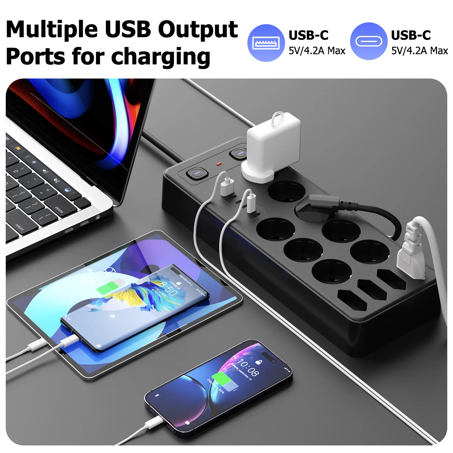 Power Strip with 2M Extension Cord 9 EU Holes 6USB Type C Ports Universal AC Outlet Power Socket Phone Safe Charging Adapter