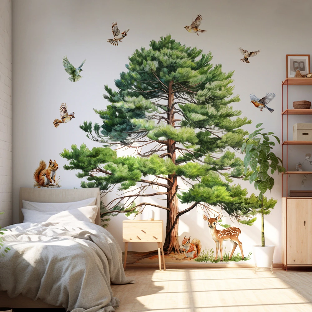 Watercolor Pine Tree Wall Decals, Forest Animal Squirrel Deer Bird Wall Stickers, Removable Nature Mural for Kids Room Nursery
