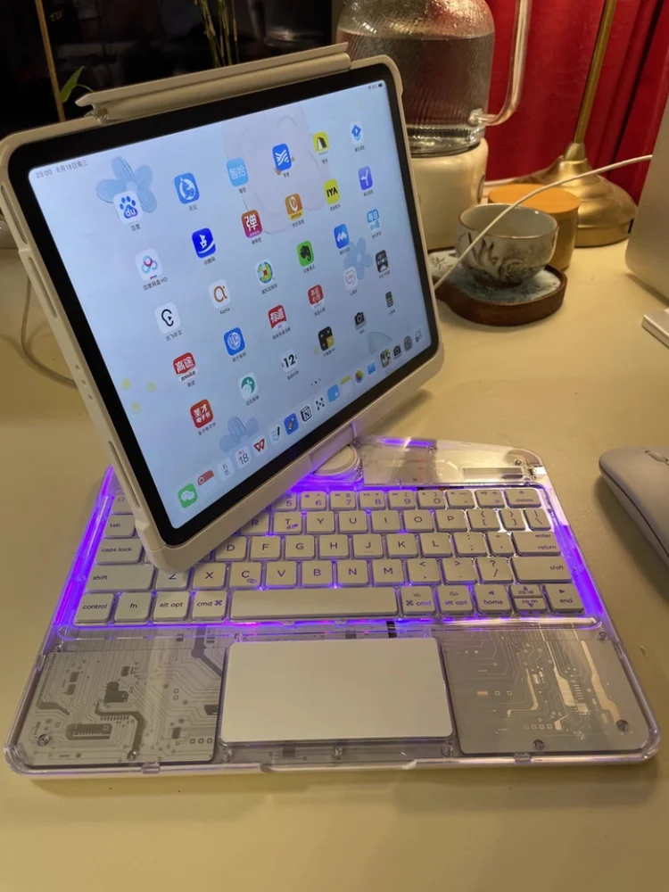 Bluetooth Keyboard Case For Ipad & Pro & Air Transparent 360° Rotating Transparent Light-Emitting Protective Keyboard Case