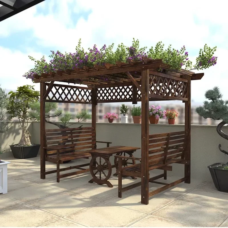 Terrace pavilion, outdoor pavilion courtyard garden, outdoor solid wood, vine climbing frame flower stand