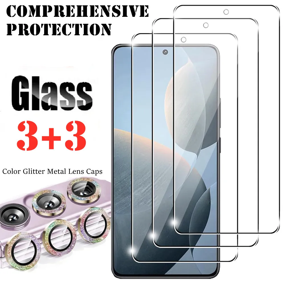 6-in-1-Kamera-Glitzer-Metall-Objektivdeckel + klare vollständige Abdeckung aus gehärtetem Glas für Samsung Galaxy A55 A35 A15 A54 A34 A14