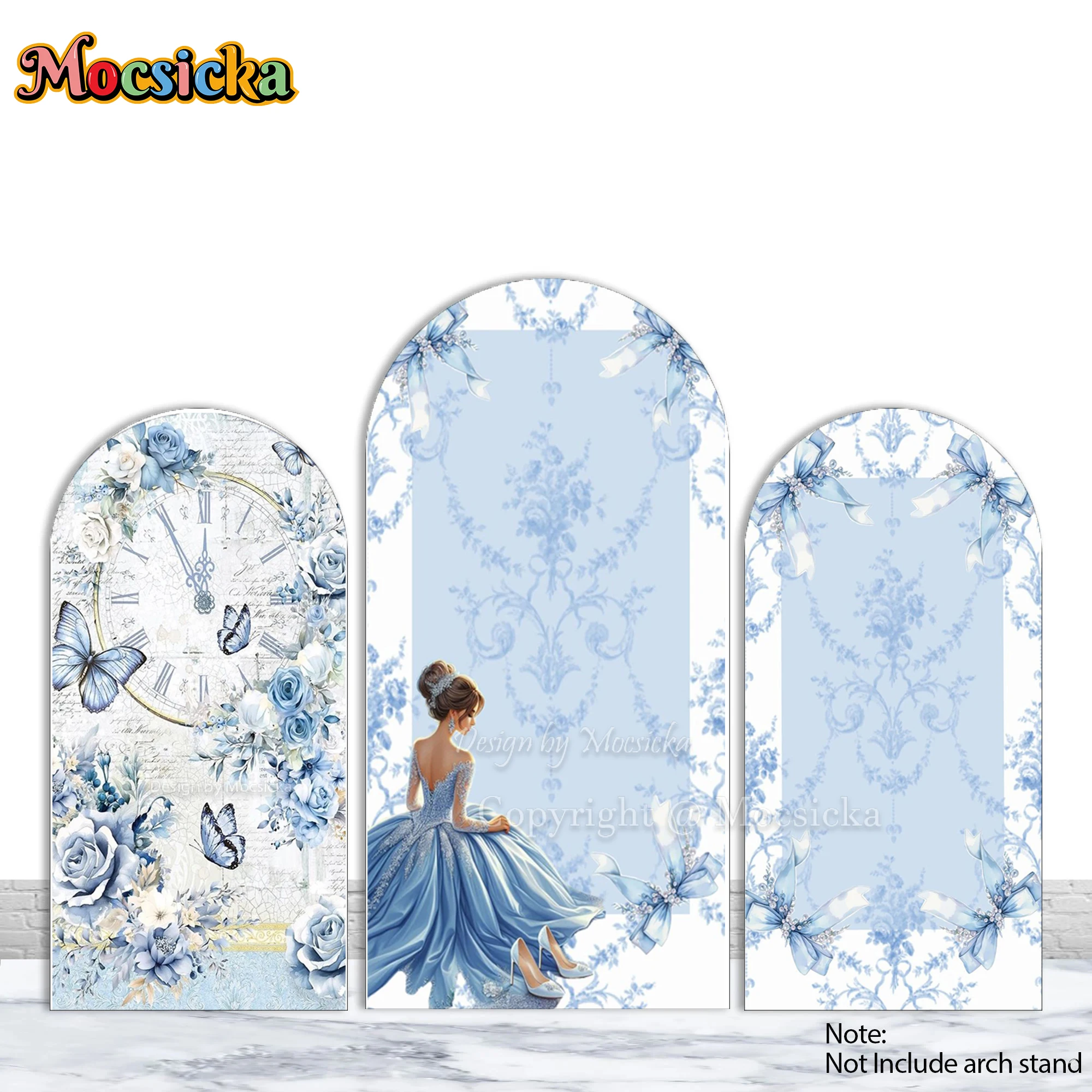 

Mocsicka Princess Birthday Arch Cover Backdrop Blue Bow Flower Butterfly Clock Background Photography Wedding Bride Shower Photo