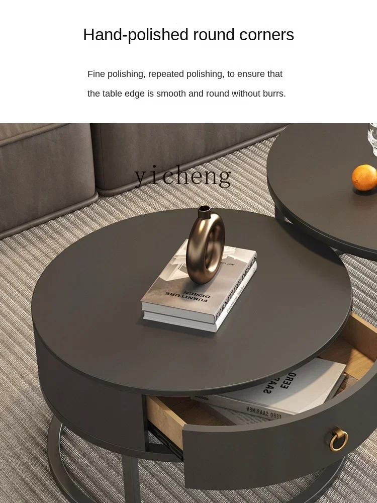 v9.10-Black Stone Plate Light Luxury Modern Simple round Small Apartment Coffee Table Living Room Home