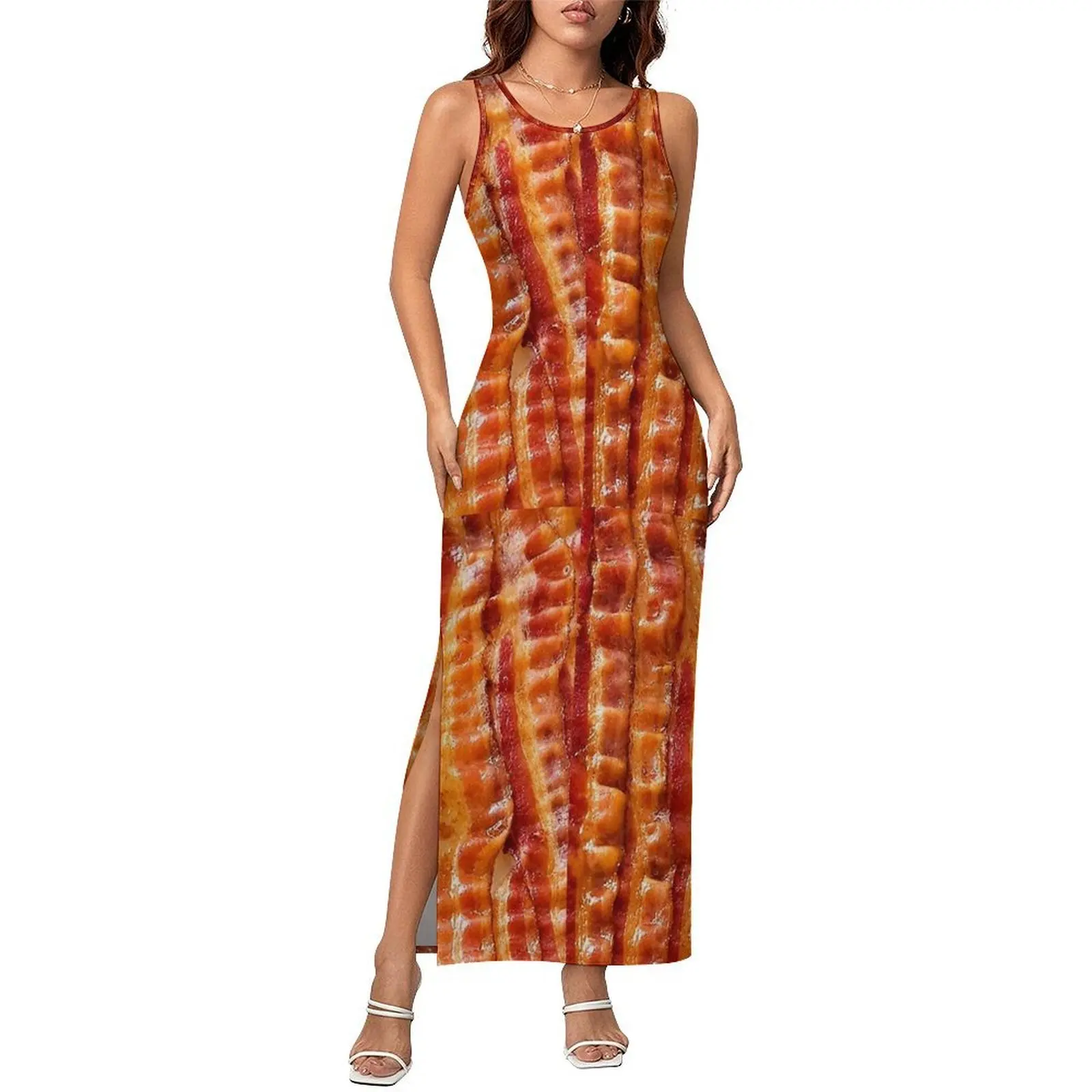 Crispy Bacon Strip Print Bodycon Dress Summer  Kawaii Maxi Dresses Womens Sleeveless Design Casual Y2k Dress Big Size 3XL 4XL
