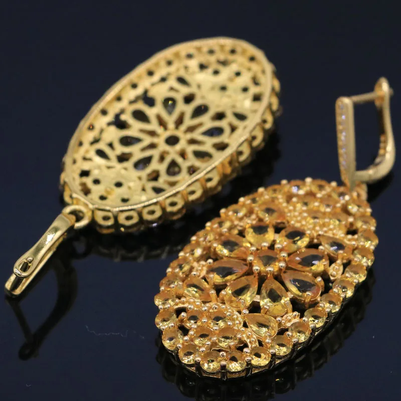 

55x24mm Stunning 15.2g Golden Citrine CZ Women Wedding Gold Silver Dangle Earrings