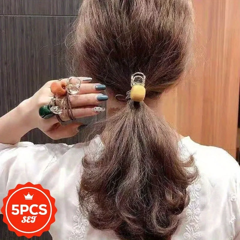 

5Pcs/set Glitter Hair Ties with Hollow Blocks - High Elastic Shiny Hair Bands for Women, Elegant Ponytail Hair Rope Holders