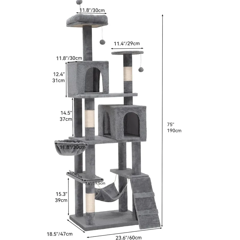 75in Cat Tree Tower for Indoor Cats, Multi-Level Cat Furniture with Scratching Posts, Cat Caves, Padded Perch, Cozy Hammock