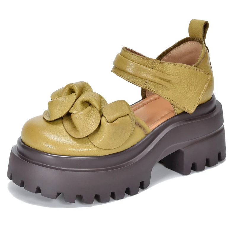 Myjyjz 7cm Cow Genuine Leather Ethnic Platform Wedge Bao Toe Comfy Pumps Women Hook Chunky Heels Sandals Shoes Fashion