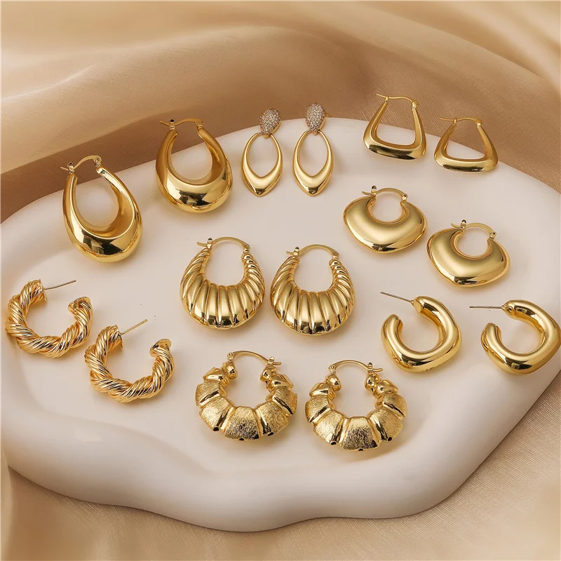 HECHENG,Punk Gold Plated Brass Earrings, Chunky Hoops for Women, Vintage Geometric Ear Buckle