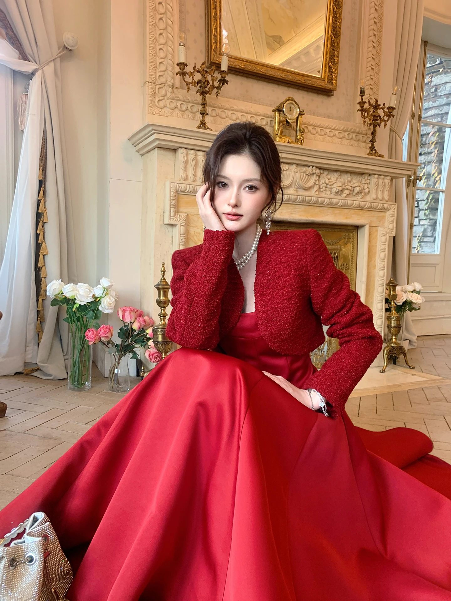 

Red Knitted Outerwear Two-Piece Set Elegant French Style Coat Diamond Galaxy Series Polyester Wool Blend Winter Fashion