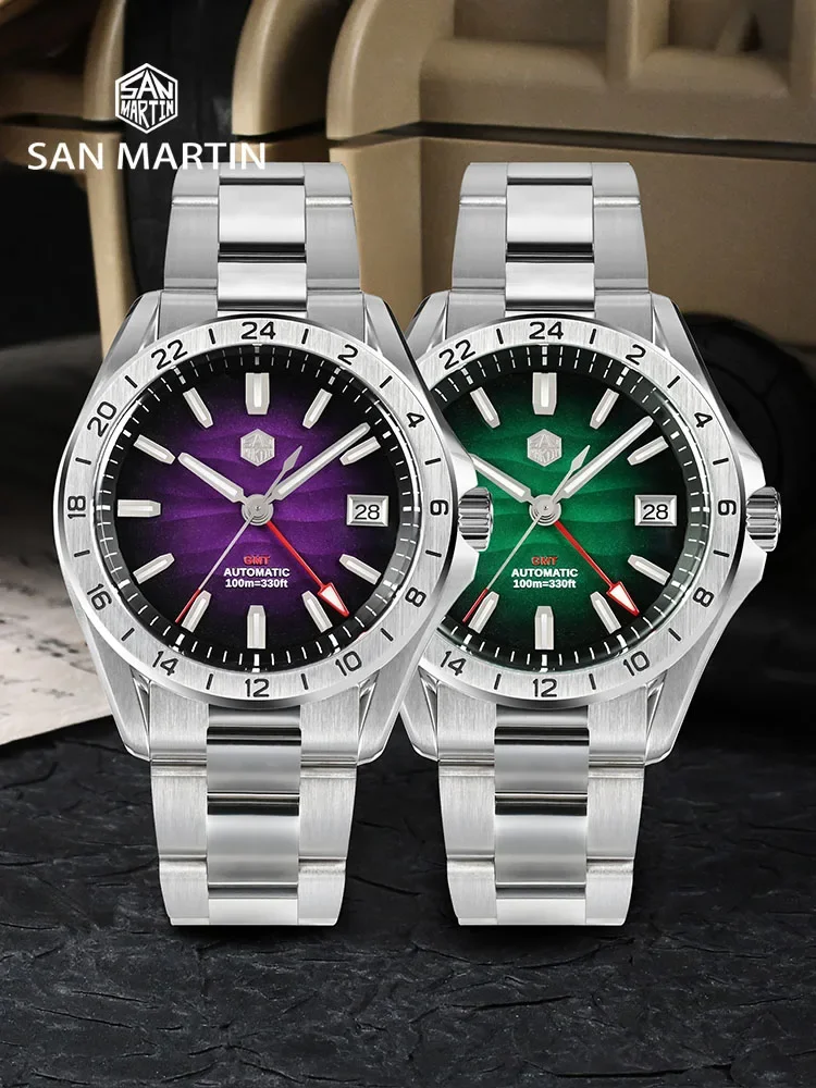 San Martin 39mm GMT Dress Watch NH34 Automatic Mechanical Luminous AR Coating Sapphire Crystal Luminous 10Bar Luxury Men Watch