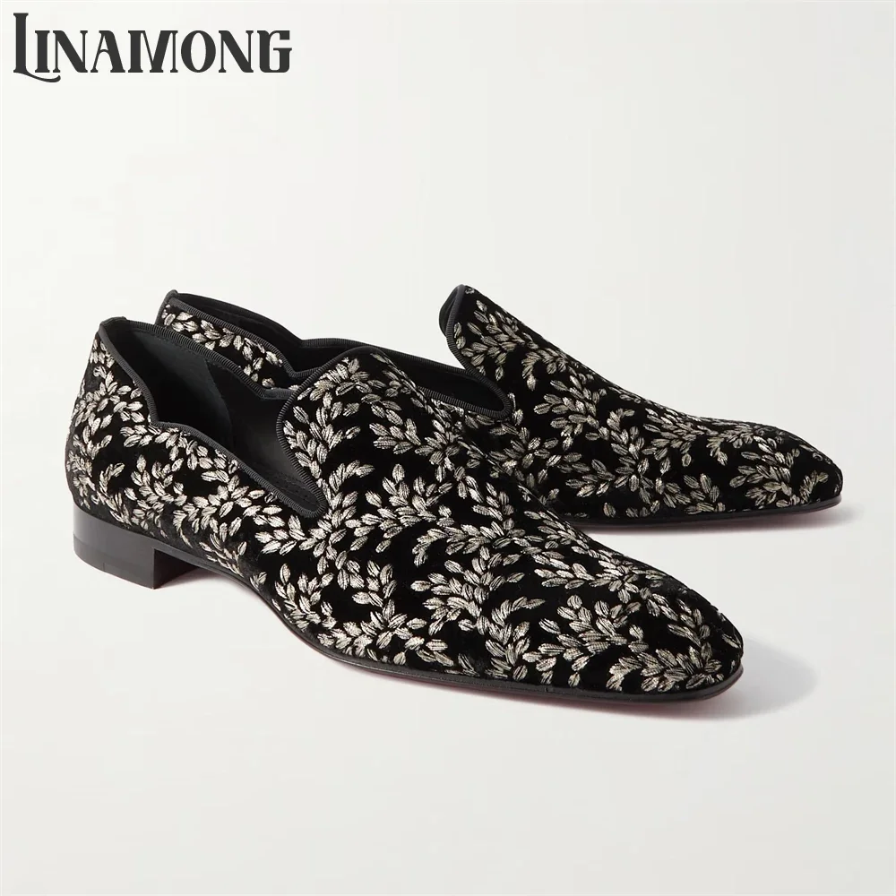 

Gold Embroidery Slip-On Loafers Metallic Leaves Wispy Embroidered Grosgrain Trimmed Dress Shoes Black Velvet Handmade Men Shoes