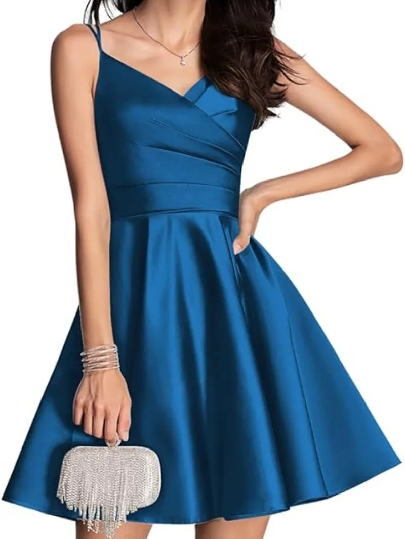 CustomizedSexy V-neck Sleeveless Homecoming Dress Elegant Solid Color Slim Waist Cocktail Dresses Satin A-line Vestidos De Noche