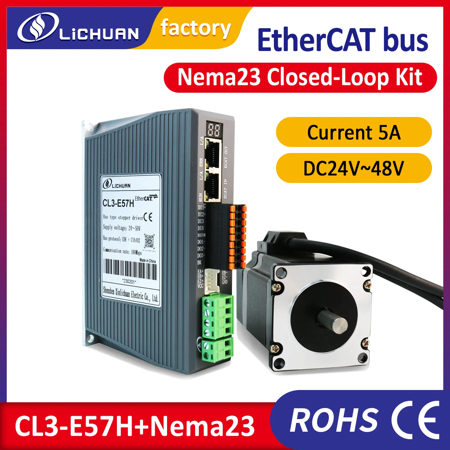 Lichuan Ethercat nema 23 3Nm closed loop stepper motor 2.2Nm 3.5Nm with ethercat driver controller CL3-E57H 5A DC20-50V for CNC