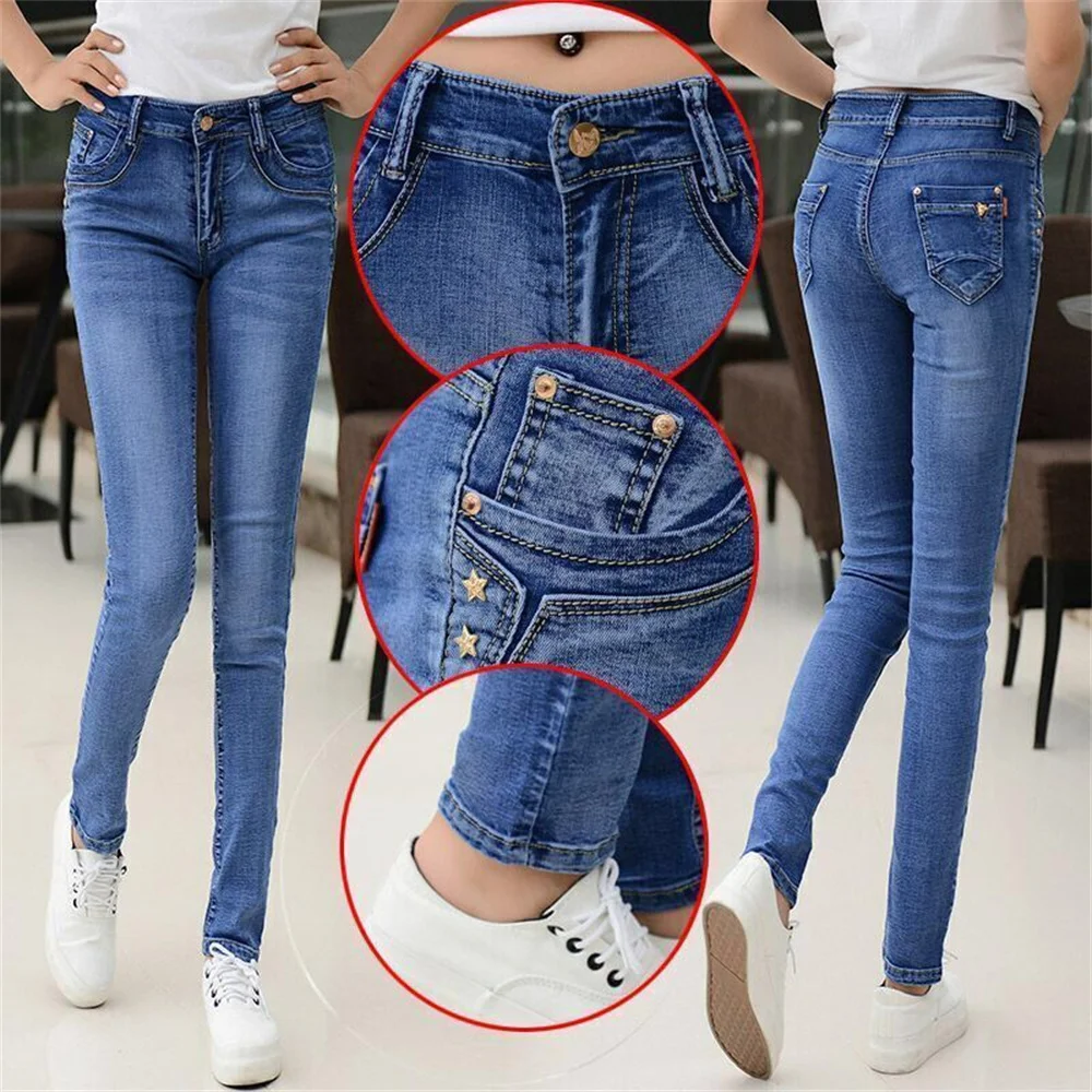 Jeans Skinny Pinggang Rendah Mode Wanita Denim Tergores Diputihkan Pakaian Celana Panjang Celana Ramping Antik Push Up Biru untuk Wanita