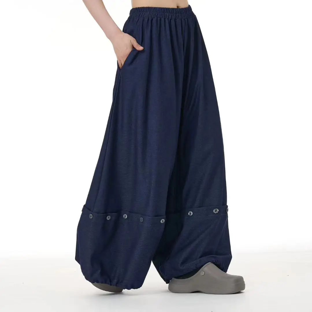 SuperAen 2026 Autumn New Korean Style Loose Casual Pants Butoons Design Solid Color Simple Patchwork Wide Leg Pants