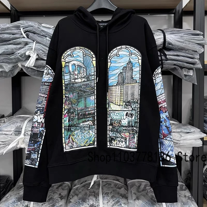 Who Decides War Hooded Sweatshirts Animation City Architecture Letter Printed Pullover Couple Autumn Winter New WDW Hoodie