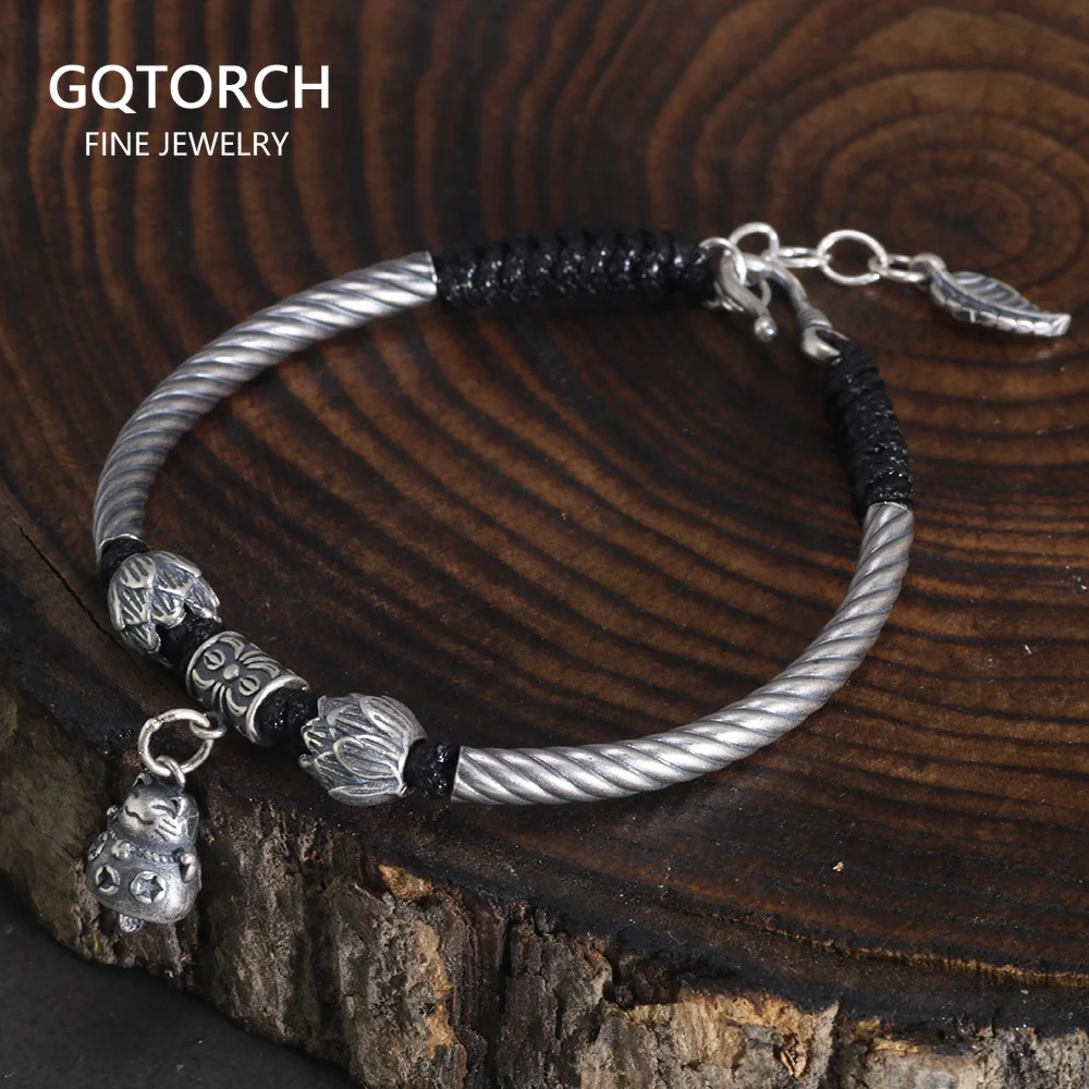 Real 999 Silver Men's and Women's Lucky Cat Lucky Woven Bracelet Leather Rope Adjustable Bracelet Lotus Fashion Animal Jewelry