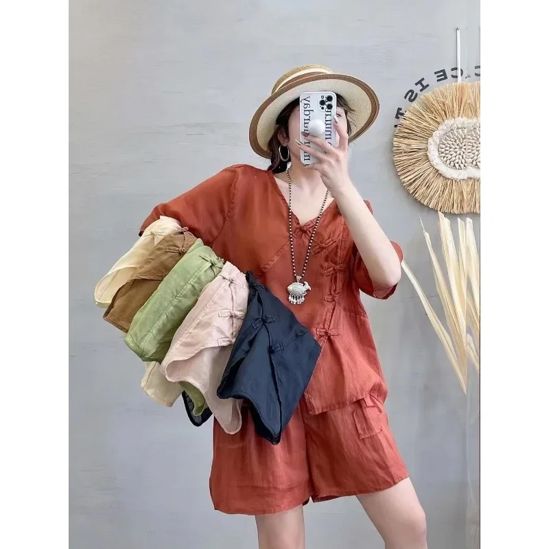 Thin Disc Button Small Suit Summer New Small Slim Shirt Loose Wide Leg Shorts Two-piece Set 2 Piece Sets Womens Outfits