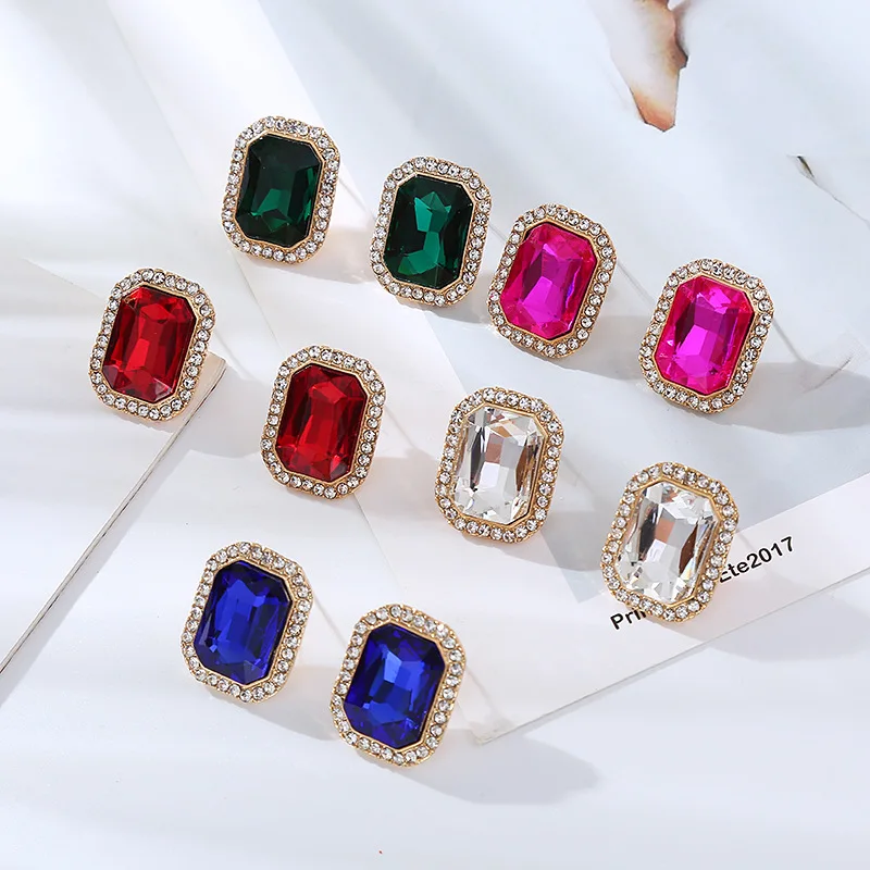 Fashion Multi-Color Crystal Glass Square Stud Earrings Girl Women\'s Geometric Earrings Fuchsia Jewelry