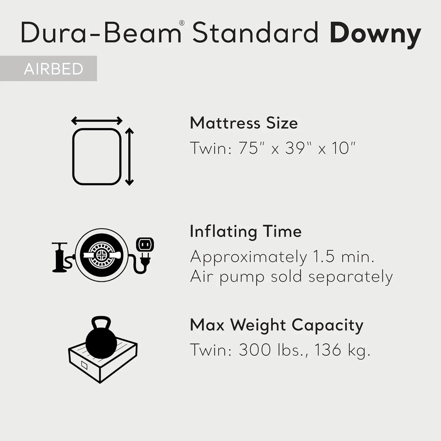 Colchón de aire Downy estándar de vinilo de tamaño con tecnología Dura-Beam, tapa de felpa probada de calidad y 2 en 1