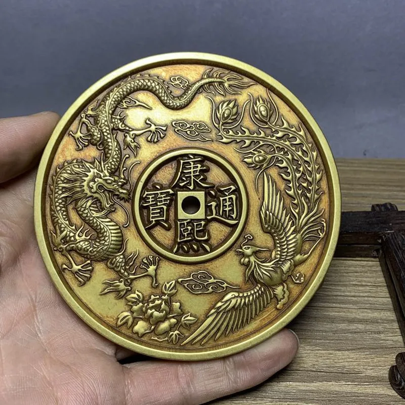 Antiques, miscellaneous items, ancient , old copper , coins with dragon and phoenix motifs symbolizing good fortune, c