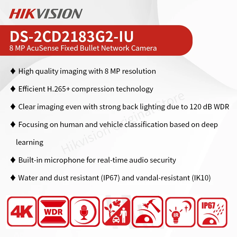 Hikvision 8MP AcuSense Vandal Dome Network Camera DS-2CD2183G2-IU 4K Human Detection Security CCTV Built-in Microphone PoE IK10