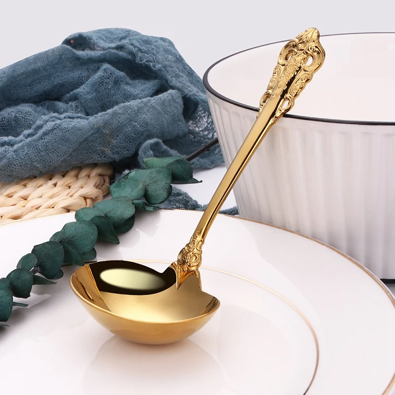 New Arrival 304 Stainless Steel Soup Ladle Cooking Tool Kitchen Accessories Gold Scoop Tablewares Gold Plated Soup Serving Spoon