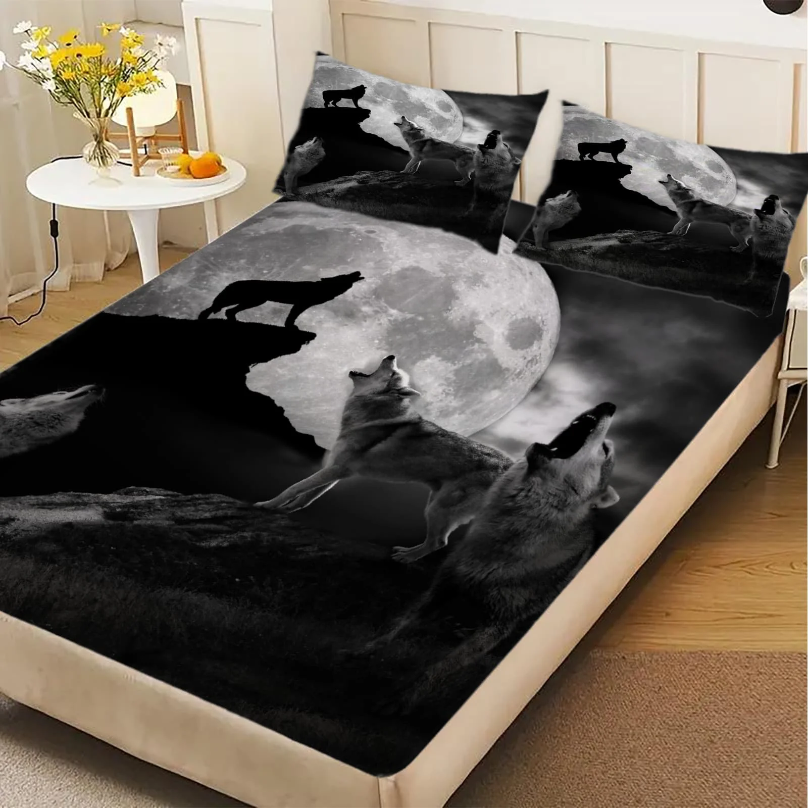1-Pc Howling Wolves Under Full Moon Sheet -100% Polyester, Digital Print, Breathable All-Season Fitted Sheet and Pillowcase Set