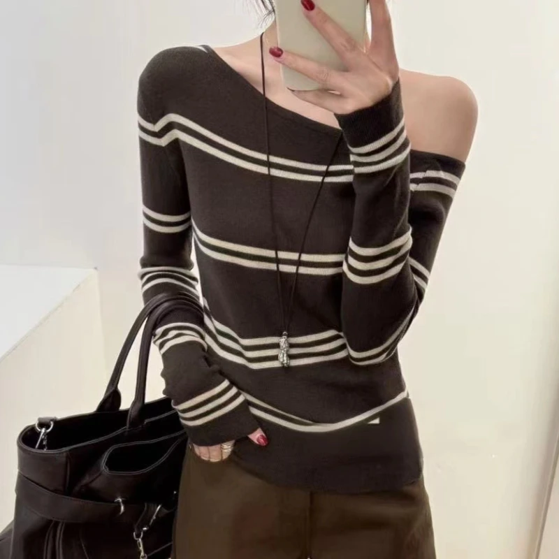 

Полосатые топы с открытыми плечами, женские вязаные топы с длинными рукавами, облегающий пуловер с открытыми плечами Y2K Suéter Ligero