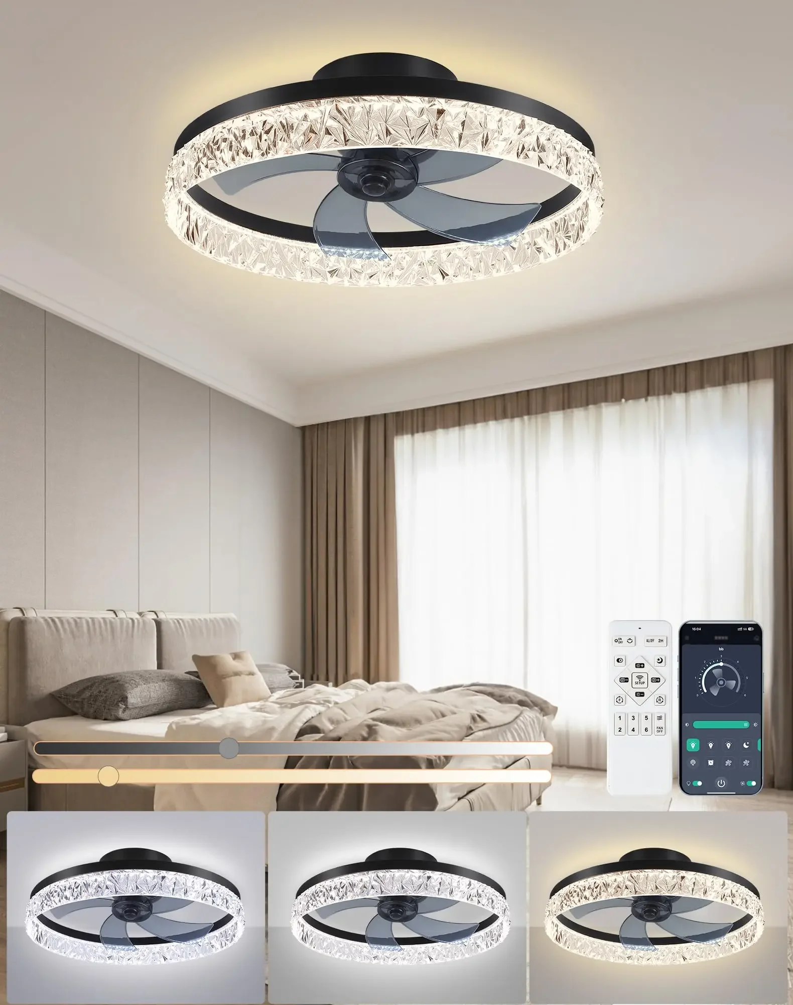 

New Smart Ceiling Fan with Lights, Low Profile Fan APP& Remote Control, Dimmable Reversible 6-Speeds Flush Mount 3-Color Light