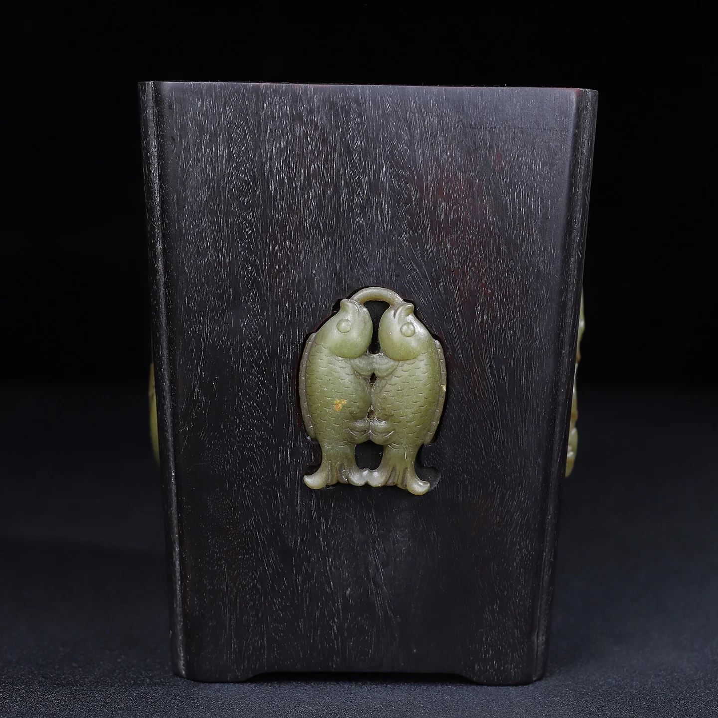 Treasured Ebony Wood Pen Holder With Jade Inlay In A Trapezoidal Shape