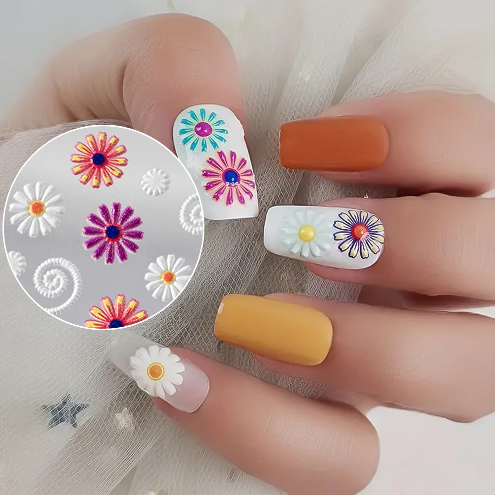 1 pz 5D Colorato Margherita Girasoli Adesivi Per Unghie Autoadesivi Gesang Fiore In Rilievo Della Boemia Decalcomanie Per Unghie FAI DA TE Manicure decor