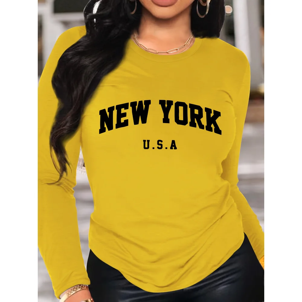 Funny New York Letter Fashion Print Casual T-Shirt Women Long Sleeve For Spring Basics O-collar T-Shirt Women's Clothing