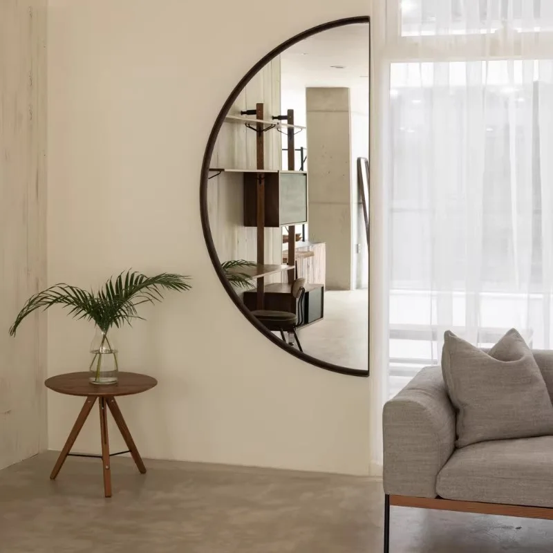 Retro Hotel Decoration Semicircle High-Definition Mirror Creative Art Design Timber Frame Bedroom Vanity Mirror Customization