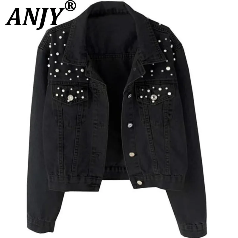 

ANJY, осенняя новая женская европейская модная темпераментная джинсовая куртка Y2K Tide, расшитая бисером и бриллиантами, офисное женское шикарное повседневное пальто A14770