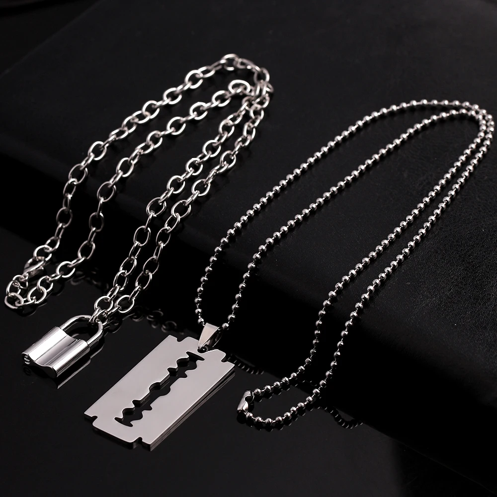 Punk Layered Razor Blade Padlock Necklace, Double Chain Street Hip Hop Pendant Jewelry