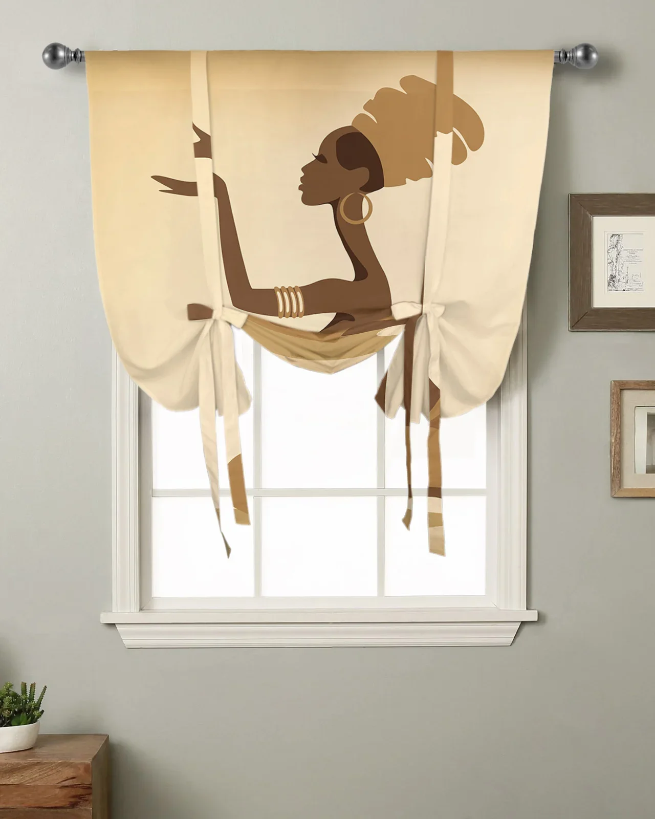 African Woman Totem Window Curtain for Living Room Bedroom Balcony Cafe Kitchen Tie-up Roman Curtain