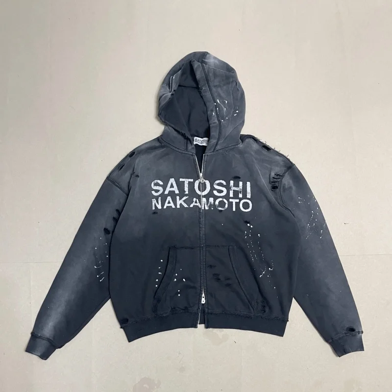 Satoshi Nakamoto Zip Hoodie Men Washed Black Paint Splatter Ripped Y2K