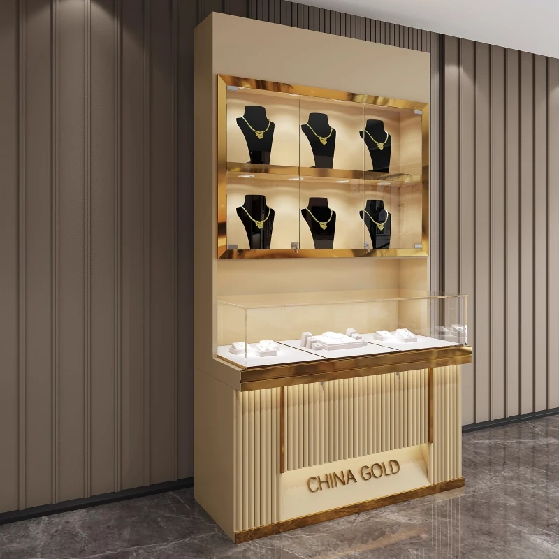 

Custom.Customizable Modern Jewelry Display Cabinet LED Gold Glass Counter for Retail Store Mall Showcase Featuring Silver Jewelr