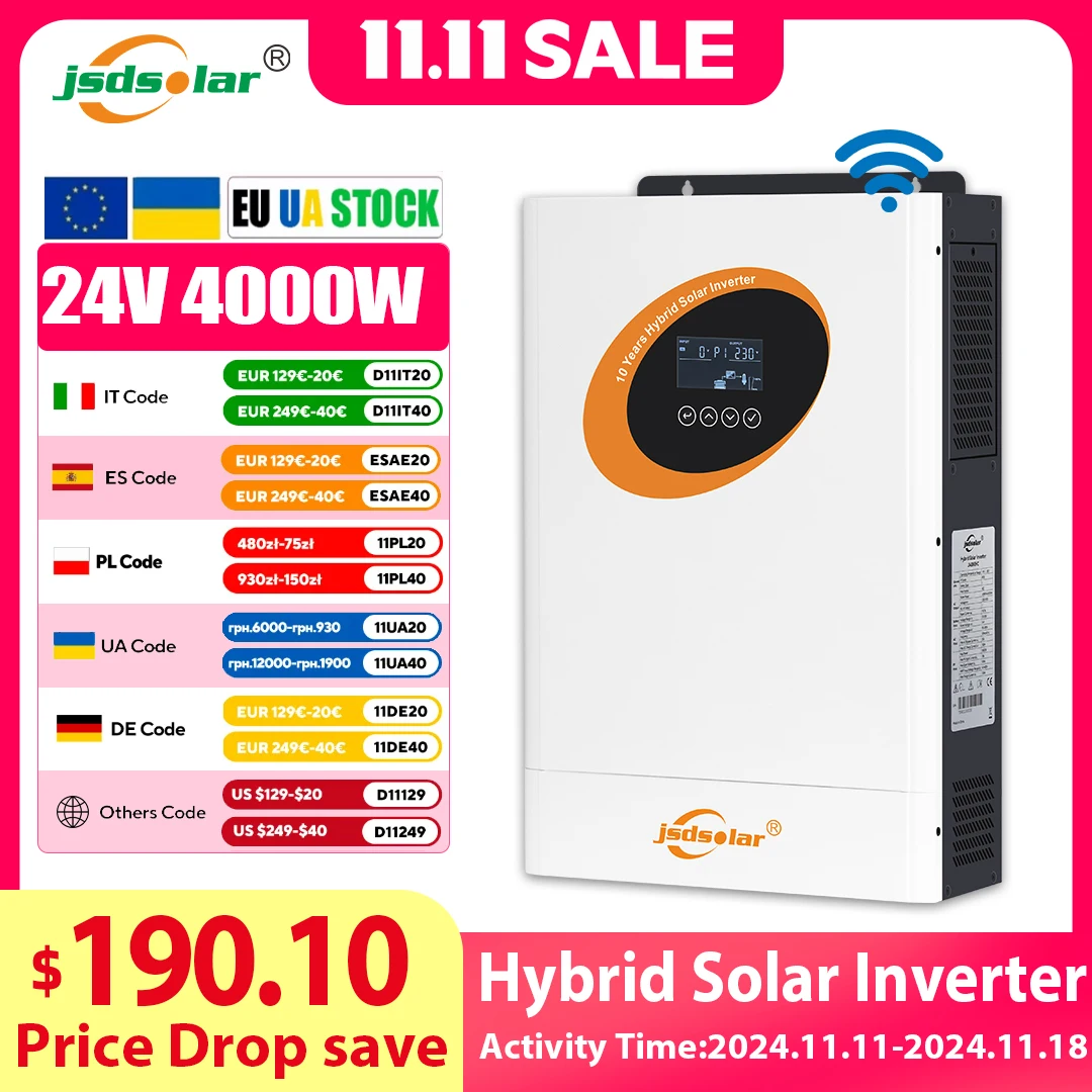 

jsdsolar 6,2 кВт 4 кВт гибридный солнечный инвертор Off Grid чистый синусоидальный инвертор 24 В 48 В 230 В двойной выход с MPPT 120 А солнечное зарядное устройство