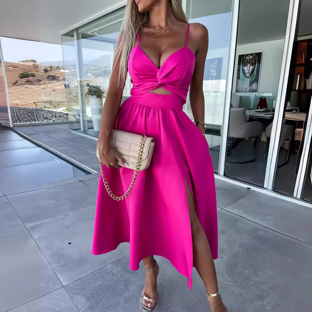 Solid Summer Dresses for Women Sexy Sleeveless Camisole Slit Long Dress Slim Body and Bare Back Casual Party Dress Women Vestido