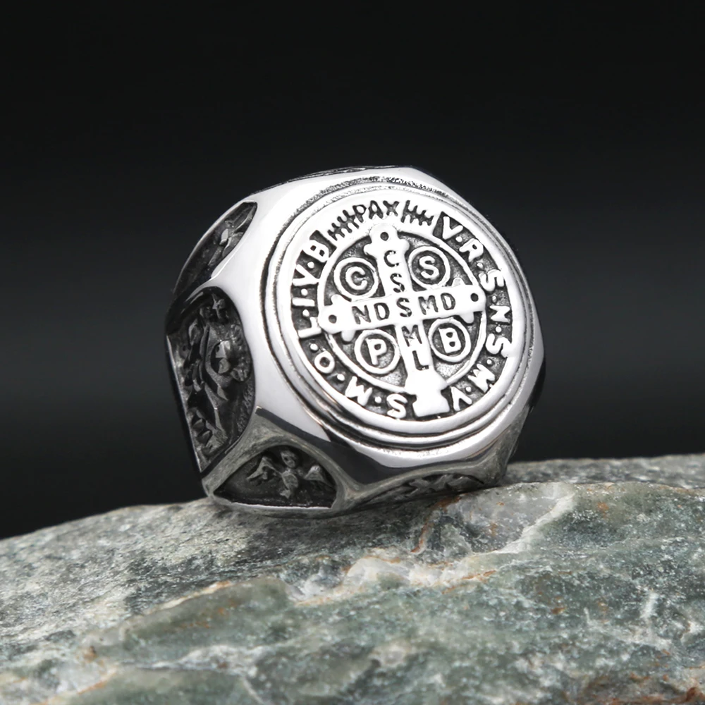 New Vintage Exorcism Saint Benedict Cspb Cross Ring Stainless Steel Amulet Catholic Rings For Men Fashion Jewelry Gift Wholesale