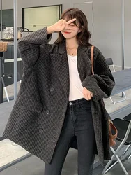 Lnsozkdg cappotto Blazer nero di media lunghezza donna 2024 primavera autunno giacche retrò tendenza coreana cappotto di lana di velluto a coste Casual scuro donna