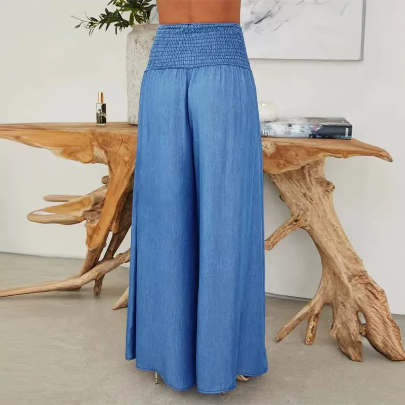 

Spring Summer New Women's Clothing Light Blue High Waist Smocking Wide Leg Jeans Casual